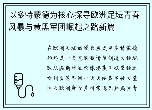 以多特蒙德为核心探寻欧洲足坛青春风暴与黄黑军团崛起之路新篇
